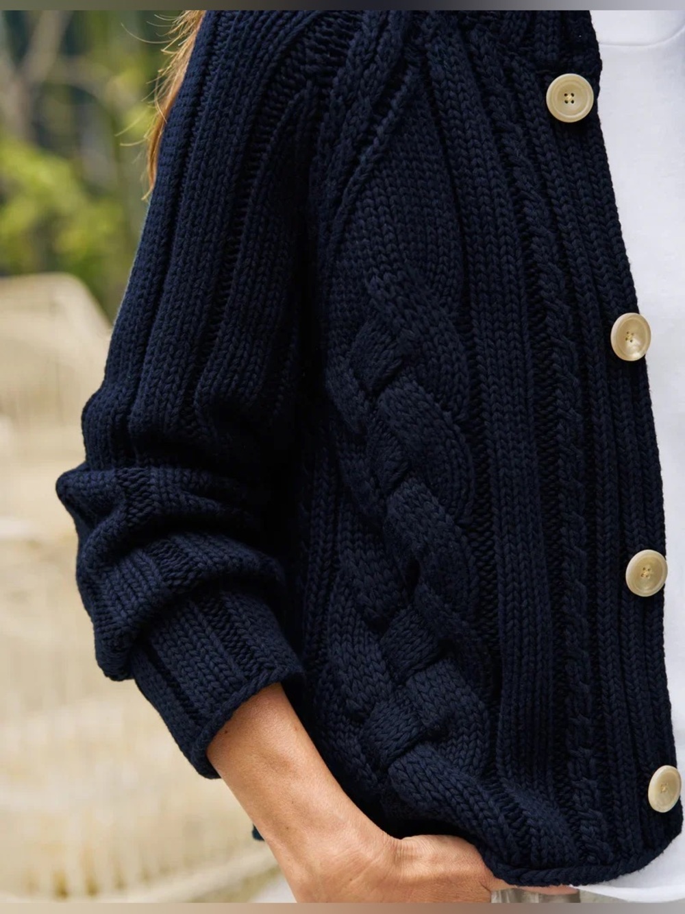 $598 Frank & Eileen Cable Knit Cotswold horn Button Cardigan in navy Blue - Picture 5 of 13